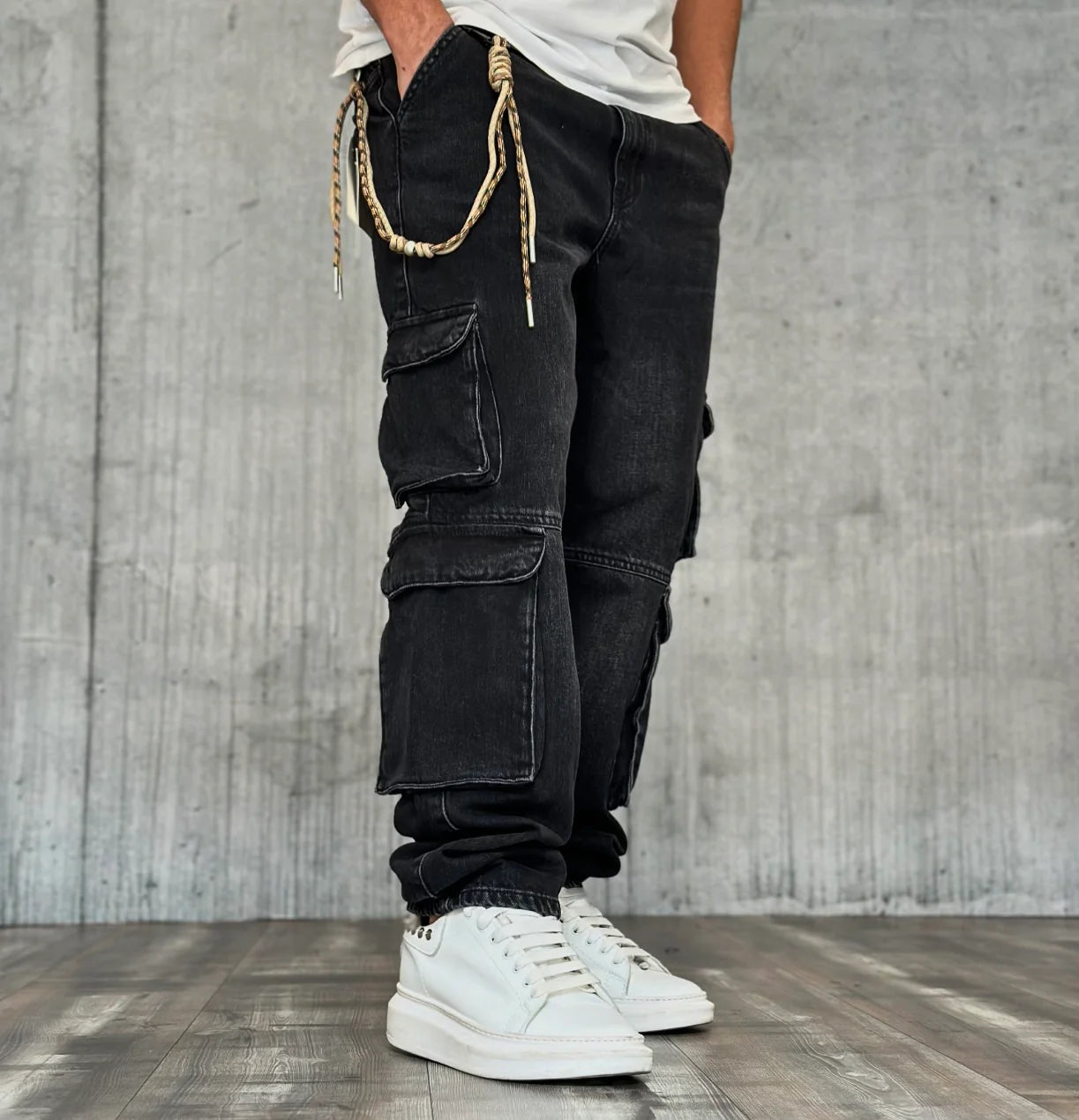 JEANS CARGO WASHED BLACK