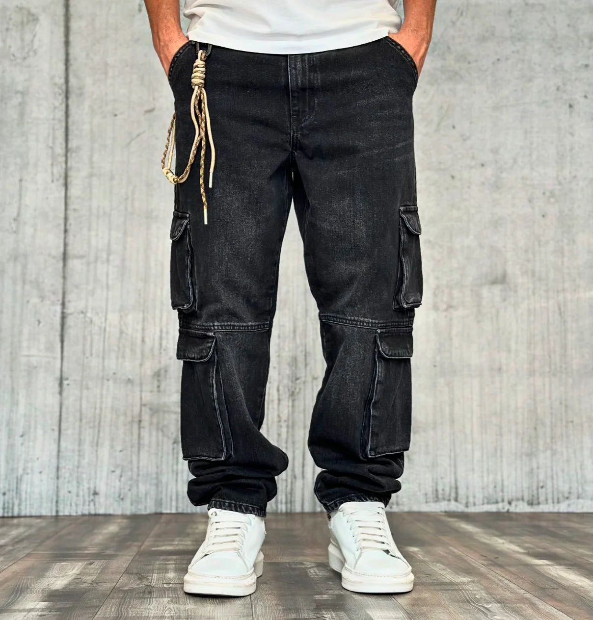 JEANS CARGO WASHED BLACK